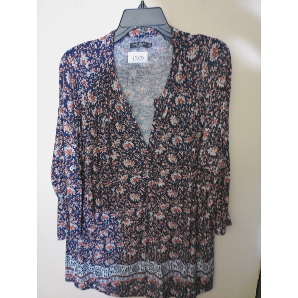 Max Jeans Blouse Womens 1X Navy Blue Floral Boho V-Neck Long Sleeve Top